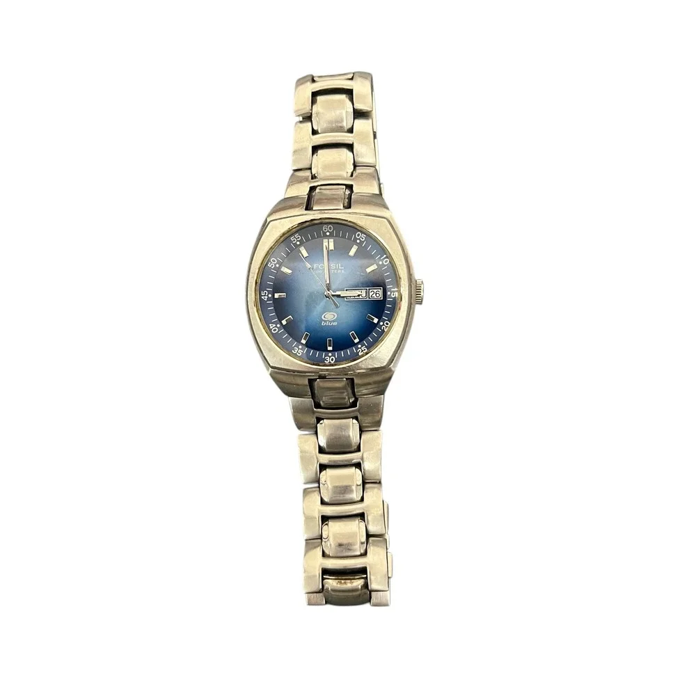 Fossil Blue AM-3506 Mens Watch‎ Stainless Steel Blue Dial Day Date Parts Only